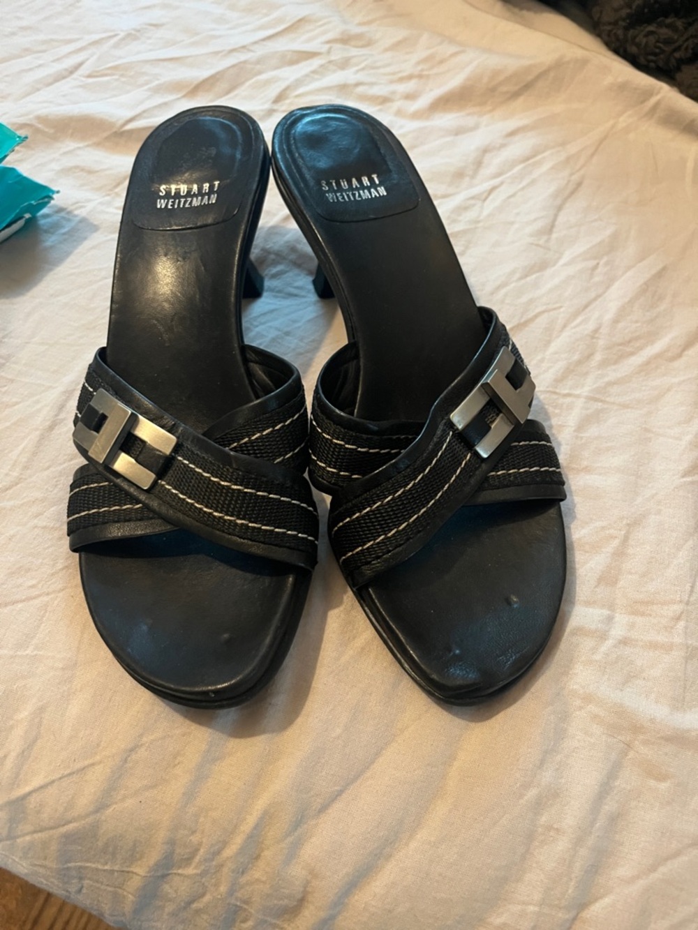 Stuart Weitzman Black Cross-Strap Mule Sandals with Silver Buckle